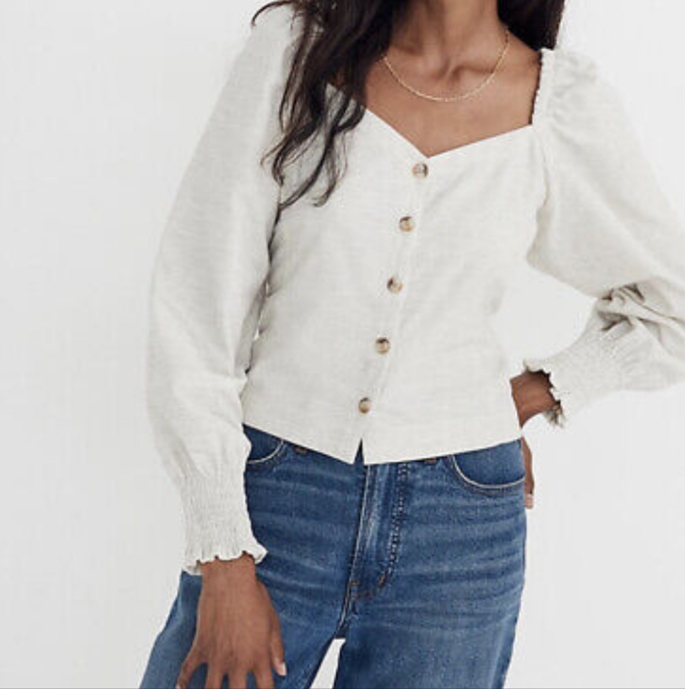 Madewell Corduroy Sweetheart Smocked-Back Top Melange Grey Beige
